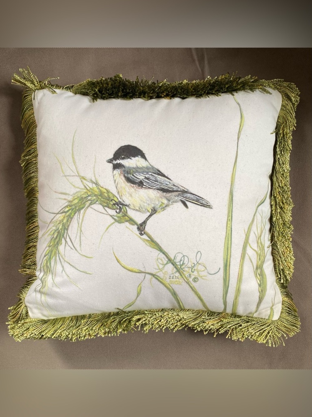 Pillow Hand Painted Chickadee